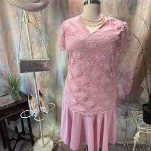 VTG 📌Gilberti  80s Mother-off-the-Bride Lace Drop Waist Dress Short Sleeves